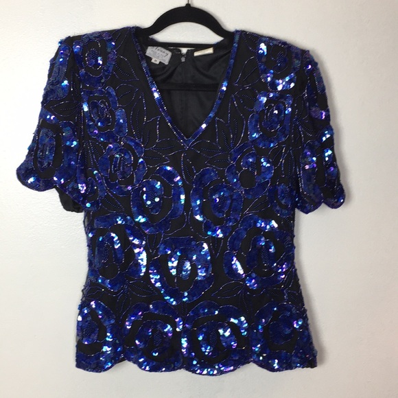 Stenay Tops - Vintage Stenay Sequin Blue Short Sleeve Blouse